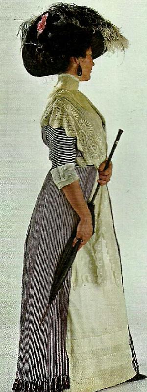 unknow artist afternoon dress of navy and white striped surah with silk fringe and lingerie flounces, created by drecoll